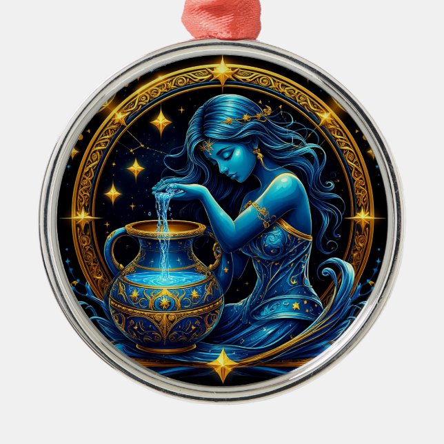 Aquarius Sign Beautiful Digital Illustration Metal Tree Decoration (Front)