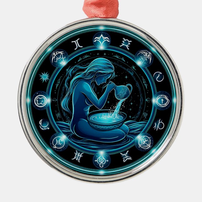Aquarius Sign Beautiful Digital Illustration Metal Tree Decoration (Front)