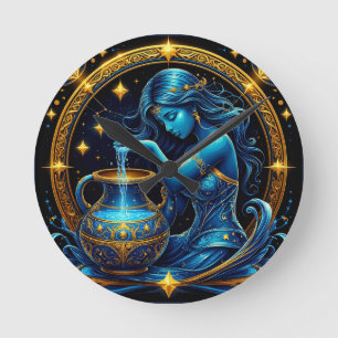 Aquarius Sign Beautiful Digital Illustration Round Clock