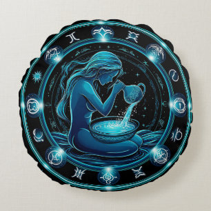 Aquarius Sign Beautiful Digital Illustration Round Cushion