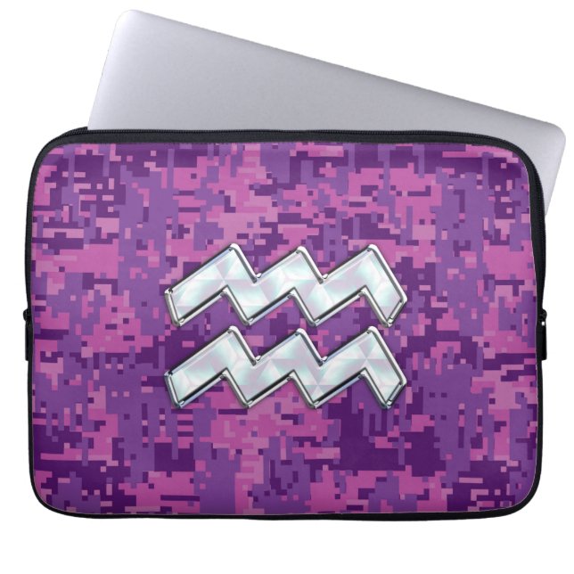 Aquarius Sign on fuchsia pink digital camo Laptop Sleeve (Front)