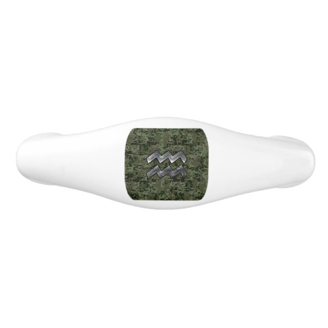 Aquarius Sign on olive green digital camo Ceramic Drawer Pull (Front)