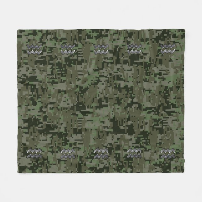Aquarius Sign on olive green digital camo Fleece Blanket (Front (Horizontal))