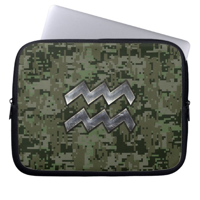 Aquarius Sign on olive green digital camo Laptop Sleeve (Front)