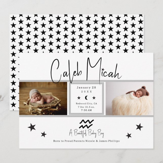 Aquarius Stars Photo Baby Birth Announcement (Front/Back)