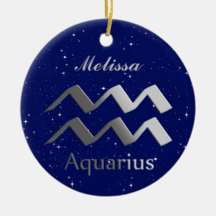Aquarius Sun Sign Symbol with Name Ceramic Tree Decoration