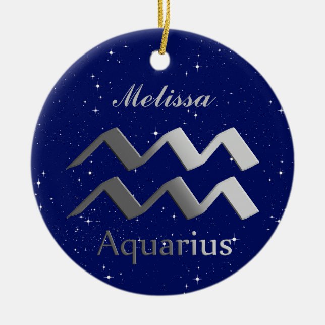 Aquarius Sun Sign Symbol with Name Ceramic Tree Decoration (Front)