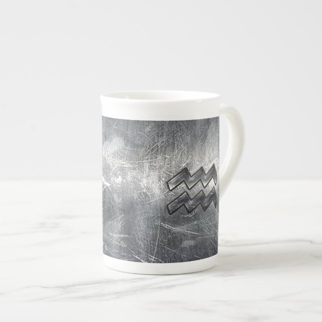 Aquarius Symbol Grunge Distressed Silver Steel Bone China Mug (Front Right)