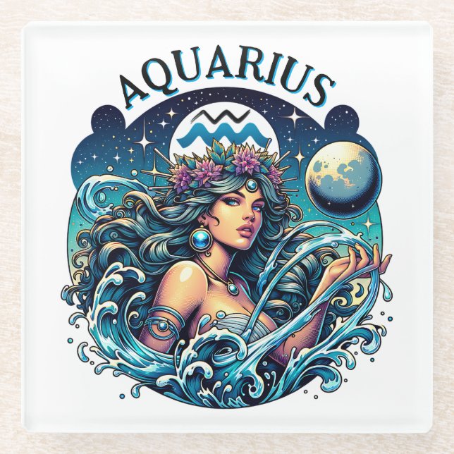 Aquarius Water Bearer Beautiful Woman Astrology  Glass Coaster (Front)