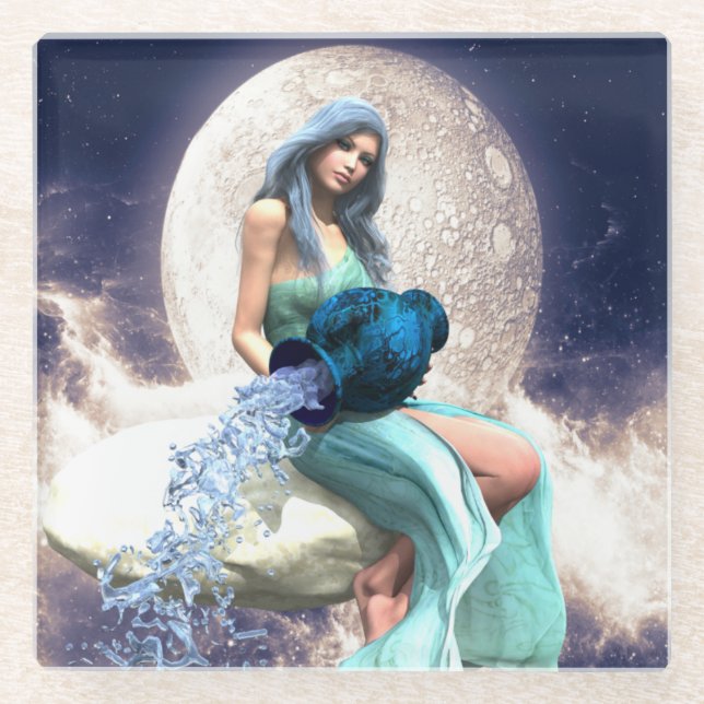 Aquarius – Woman Pouring Water From a Jug Glass Coaster (Front)