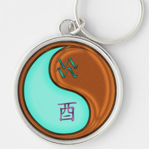 Aquarius & Wood Rooster Key Ring
