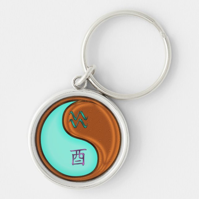 Aquarius & Wood Rooster Key Ring (Front)