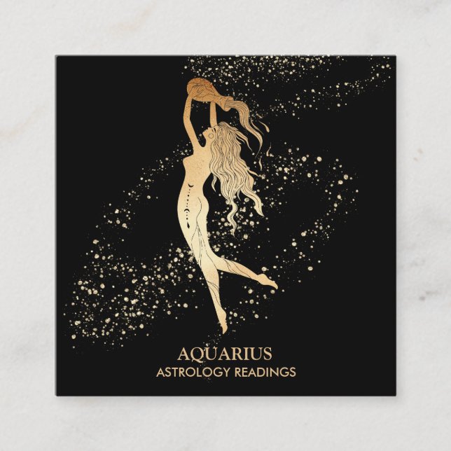 *~* AQUARIUS Zodiac Astrology Reading Gold & Black Square Business Card (Front)
