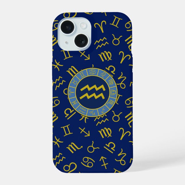 Aquarius Zodiac+Astrology Symbols Ptn Gold+Blues iPhone 15 Case (Back)