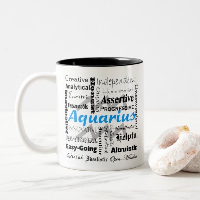 Aquarius Zodiac Astrology Traits Collage Two-Tone Coffee Mug (With Donut)