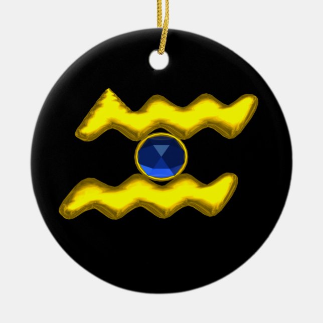 AQUARIUS ZODIAC BIRTHDAY JEWEL Blue Sapphire Gold Ceramic Tree Decoration (Front)