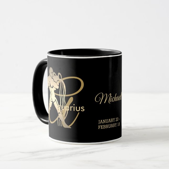 Aquarius ♒ Zodiac Birthday Sign / Black and Gold Mug (Front Left)
