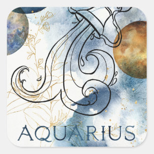 Aquarius zodiac blue black gold text planets square sticker