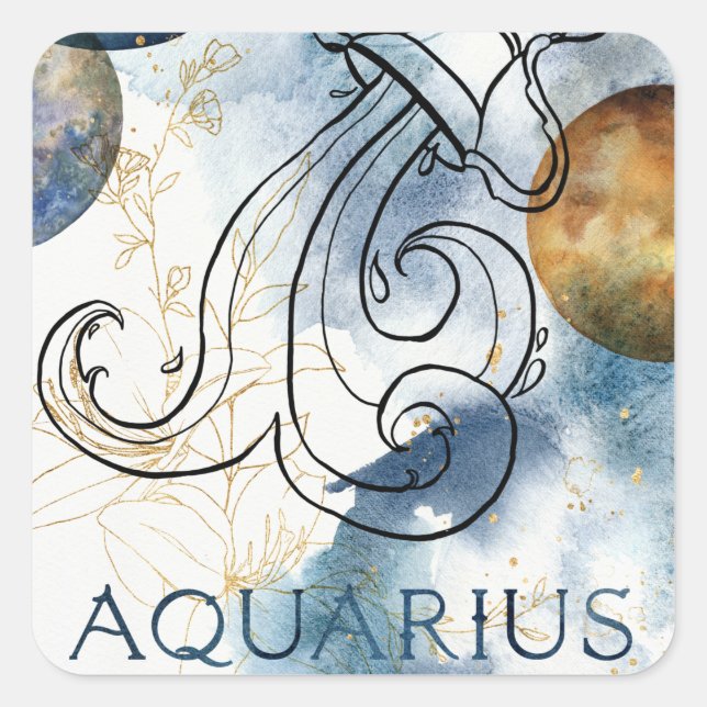 Aquarius zodiac blue black gold text planets square sticker (Front)