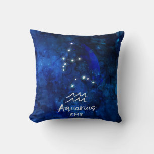 Aquarius Zodiac Constellation Blue Galaxy Monogram Cushion