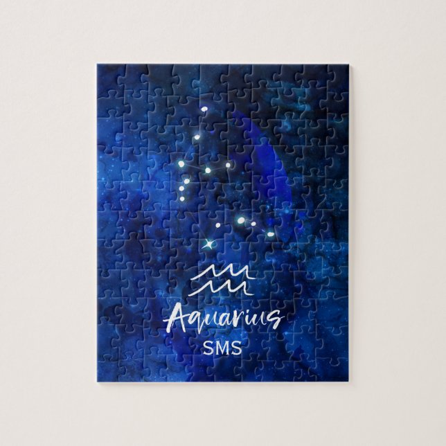 Aquarius Zodiac Constellation Blue Galaxy Monogram Jigsaw Puzzle (Vertical)