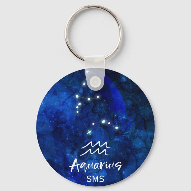Aquarius Zodiac Constellation Blue Galaxy Monogram Key Ring (Front)