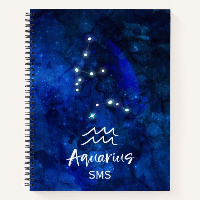 Aquarius Zodiac Constellation Blue Galaxy Monogram Notebook (Front)
