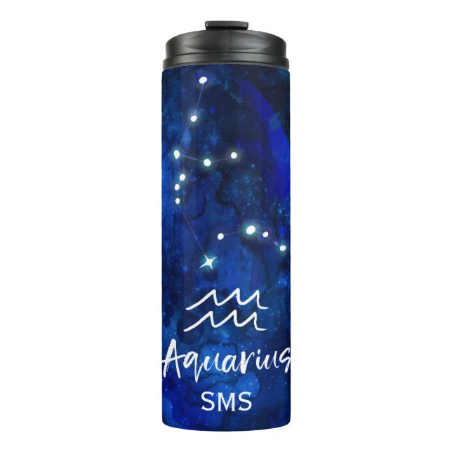 Aquarius Zodiac Constellation Blue Galaxy Monogram Thermal Tumbler (Front)