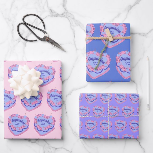 Aquarius Zodiac Coquette Heart Birthday Cake Wrapping Paper Sheet (Front)