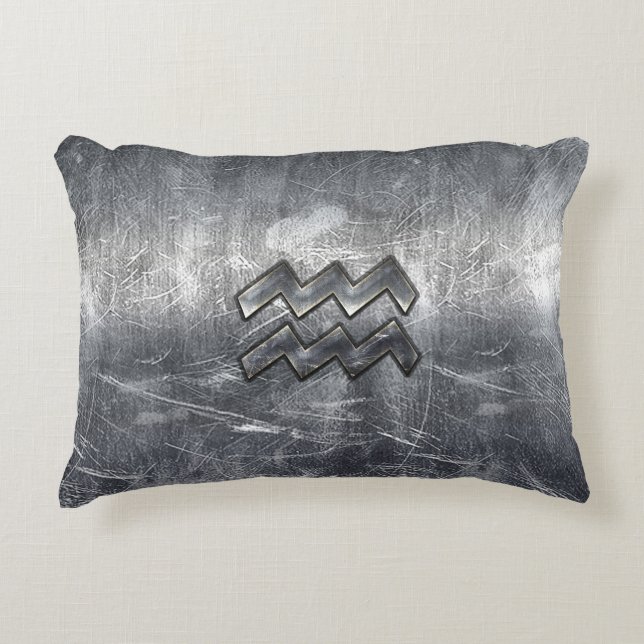 Aquarius Zodiac Distressed Silver Steel Style Decorative Cushion (Front)