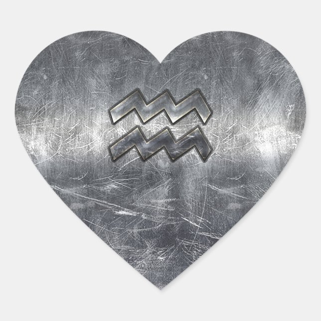 Aquarius Zodiac Distressed Silver Steel Style Heart Sticker (Front)