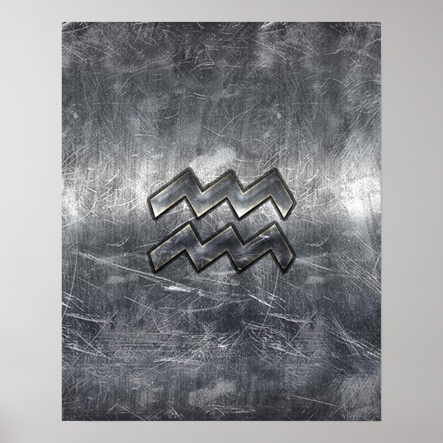 Aquarius Zodiac Distressed Silver Steel Style Poster (Front)