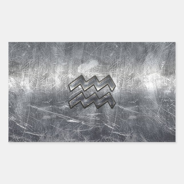 Aquarius Zodiac Distressed Silver Steel Style Rectangular Sticker (Front)