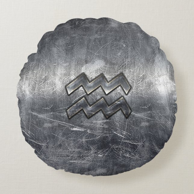 Aquarius Zodiac Distressed Silver Steel Style Round Cushion (Front)