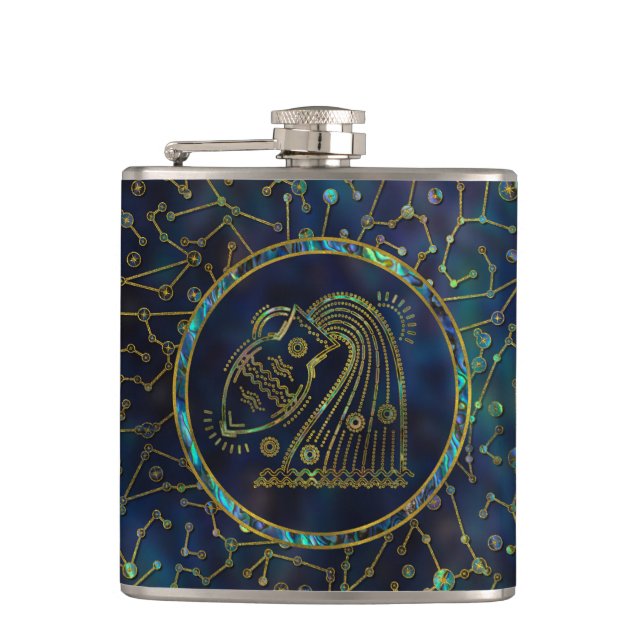 Aquarius Zodiac Gold Abalone on Constellation Hip Flask (Front)