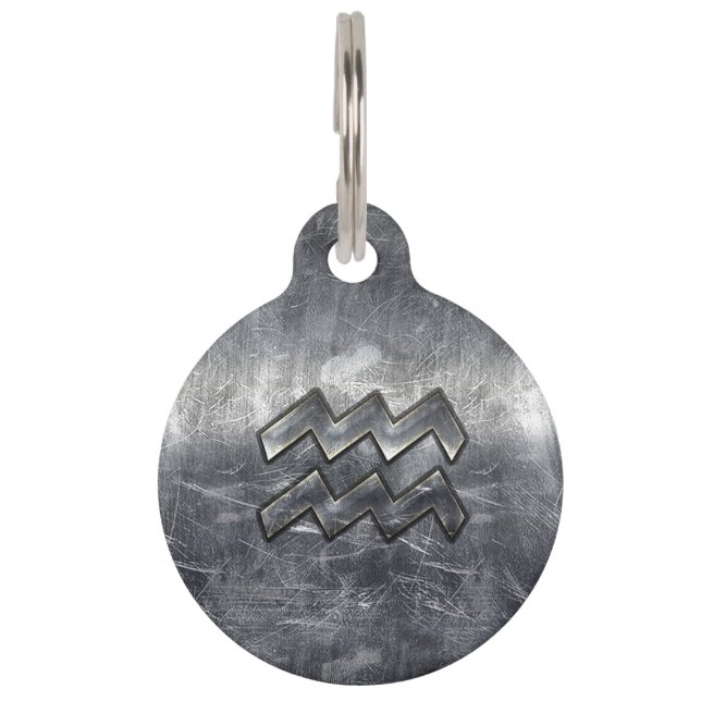 Aquarius Zodiac Industrial Silver Steel Pet Tag (Front)