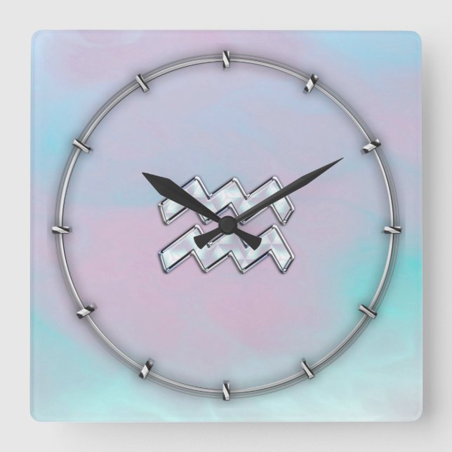 Aquarius Zodiac on Mother of Pearl Style Square Wall Clock (Front)