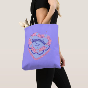 Aquarius Zodiac Pastel Heart Birthday Cake Tote Bag