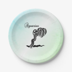 Aquarius Zodiac Sign and Symbol Blue Green Paper Plate