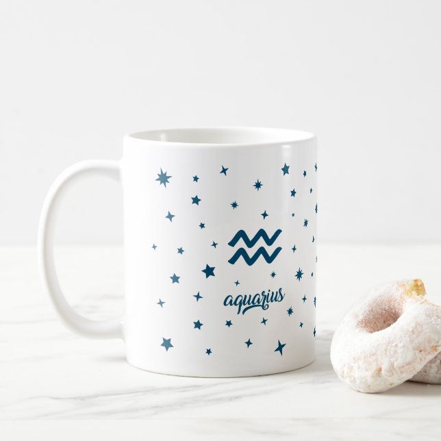 Aquarius Zodiac Sign Astrology Birthday Blue White Coffee Mug (With Donut)