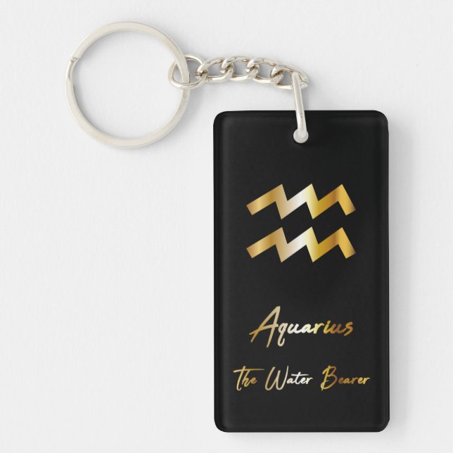 Aquarius Zodiac Sign, Black & Gold Keychain (Front)