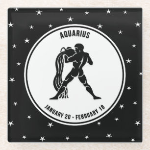 Aquarius Zodiac Sign, Black & White Glass Coaster