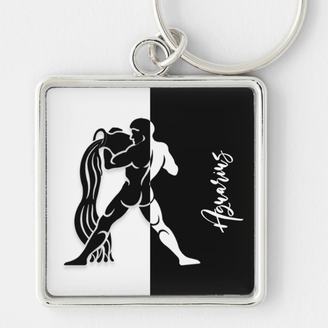 Aquarius Zodiac Sign, Black & White Keychain (Front)