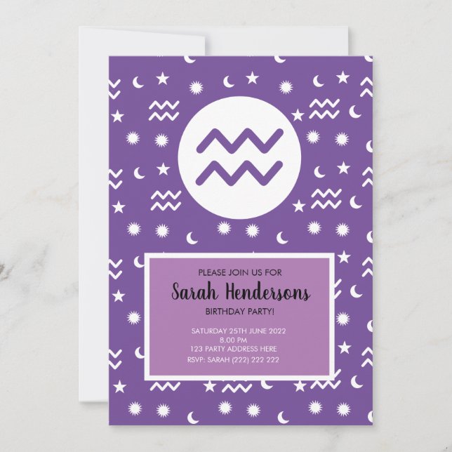 Aquarius zodiac sign colour invitation template  (Front)