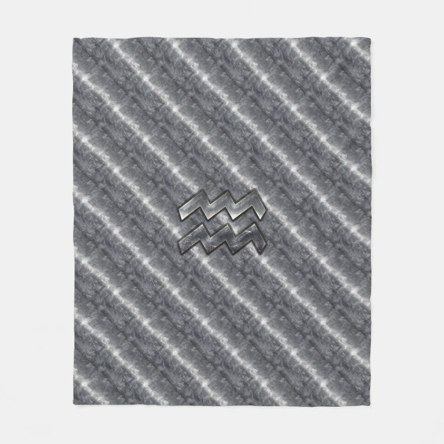 Aquarius Zodiac Sign Distressed Silver Steel Fleece Blanket (Front)