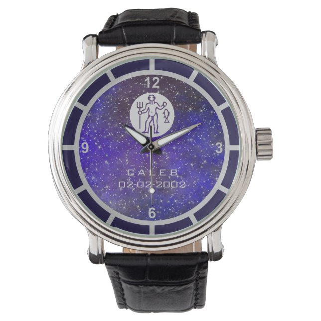 Aquarius Zodiac Sign Elegant Custom Name Dark Blue Watch (Front)