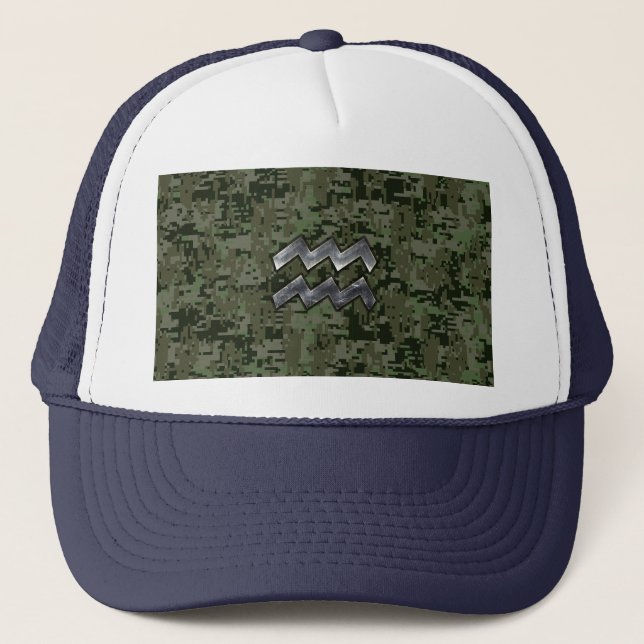 Aquarius Zodiac Sign Green Digital Camouflage Trucker Hat (Front)