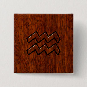 Aquarius Zodiac Sign Mahogany Wood Style 15 Cm Square Badge