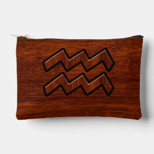 Aquarius Zodiac Sign Mahogany Wood Style Accessory Pouch