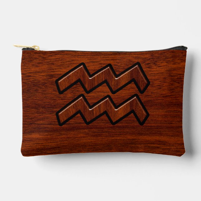 Aquarius Zodiac Sign Mahogany Wood Style Accessory Pouch (Front)